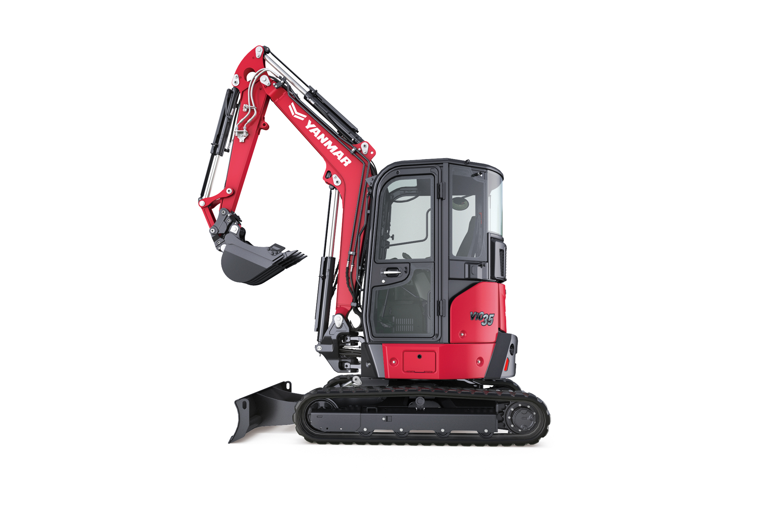 Side view of Yanmar ViO35-7 mini excavator in studio showcasing compact design and zero tail swing