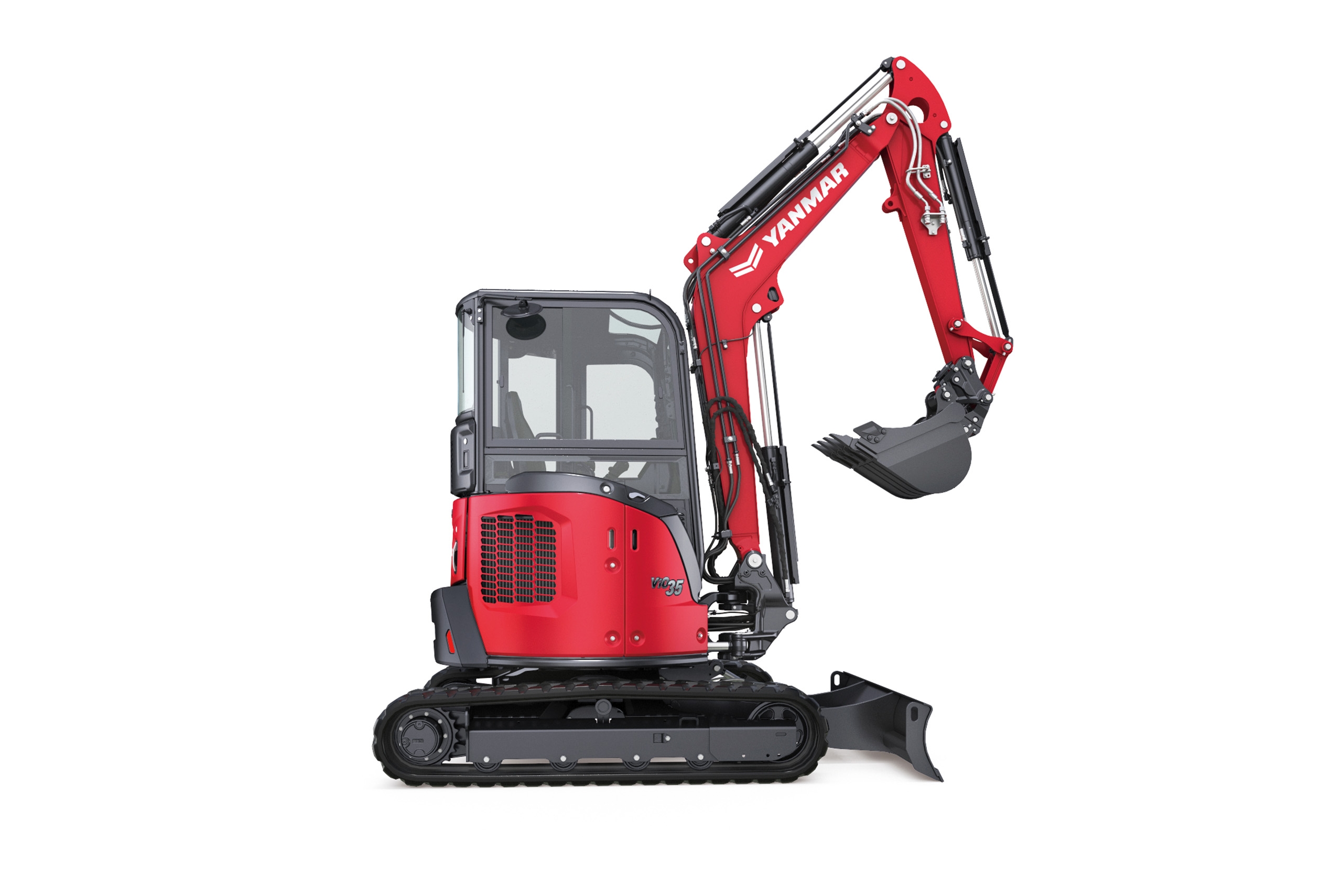 Opposite side studio view of Yanmar ViO35-7 mini excavator displaying zero tail swing and compact build