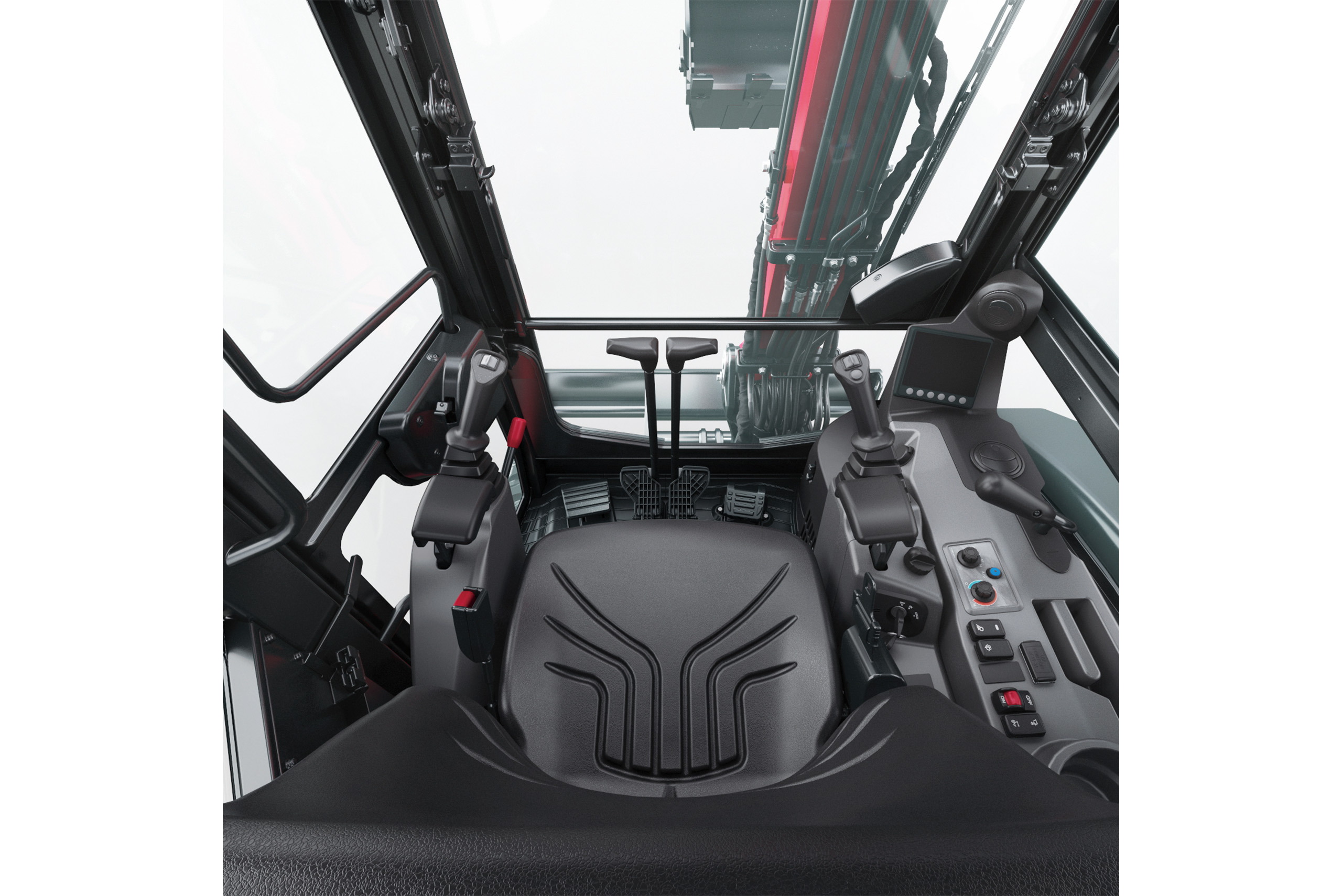 Interior view of Yanmar ViO35-7 mini excavator cab showcasing ergonomic controls and operator comfort