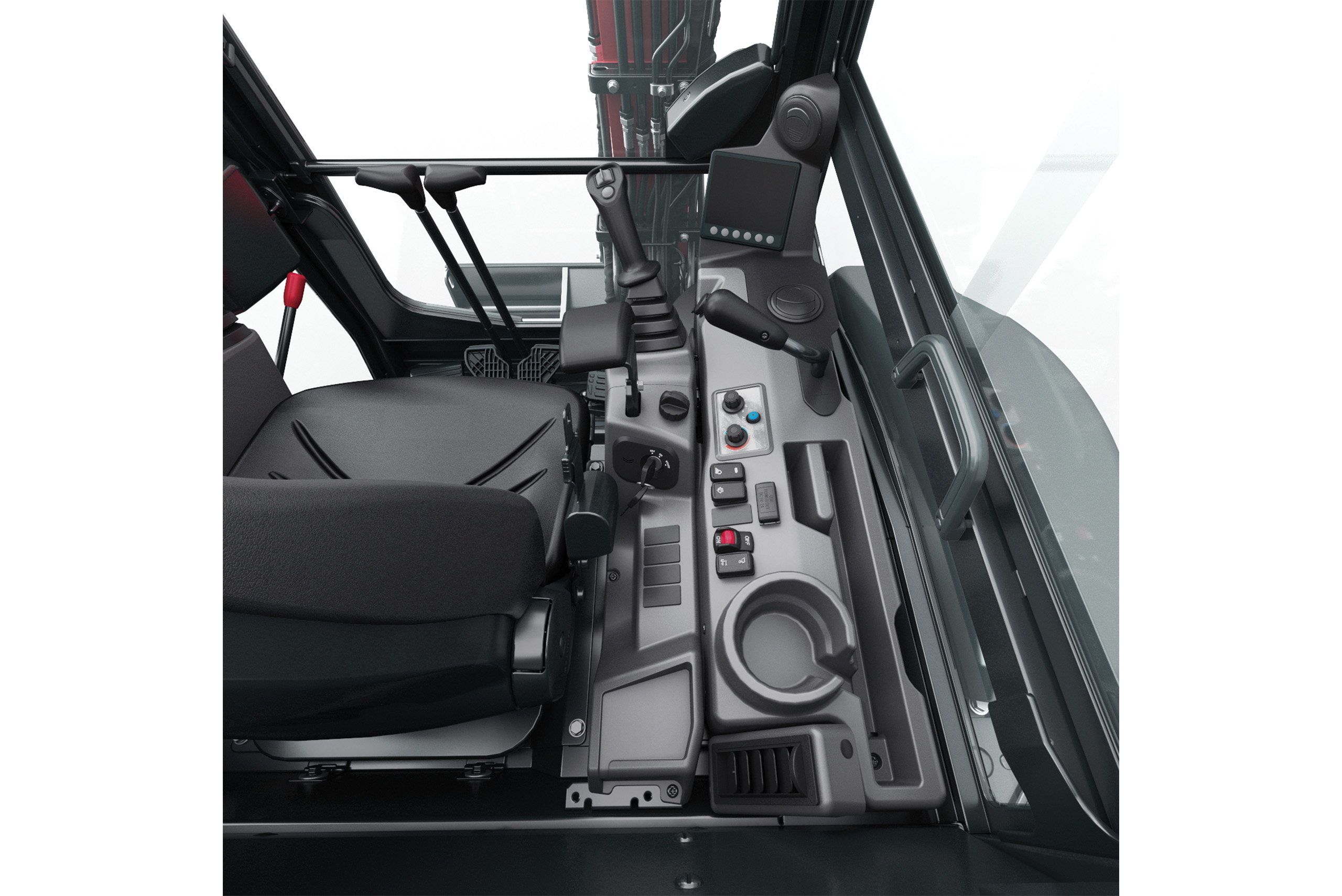 Close-up of Yanmar ViO35-7 mini excavator cabin controls featuring ergonomic design and advanced functionality