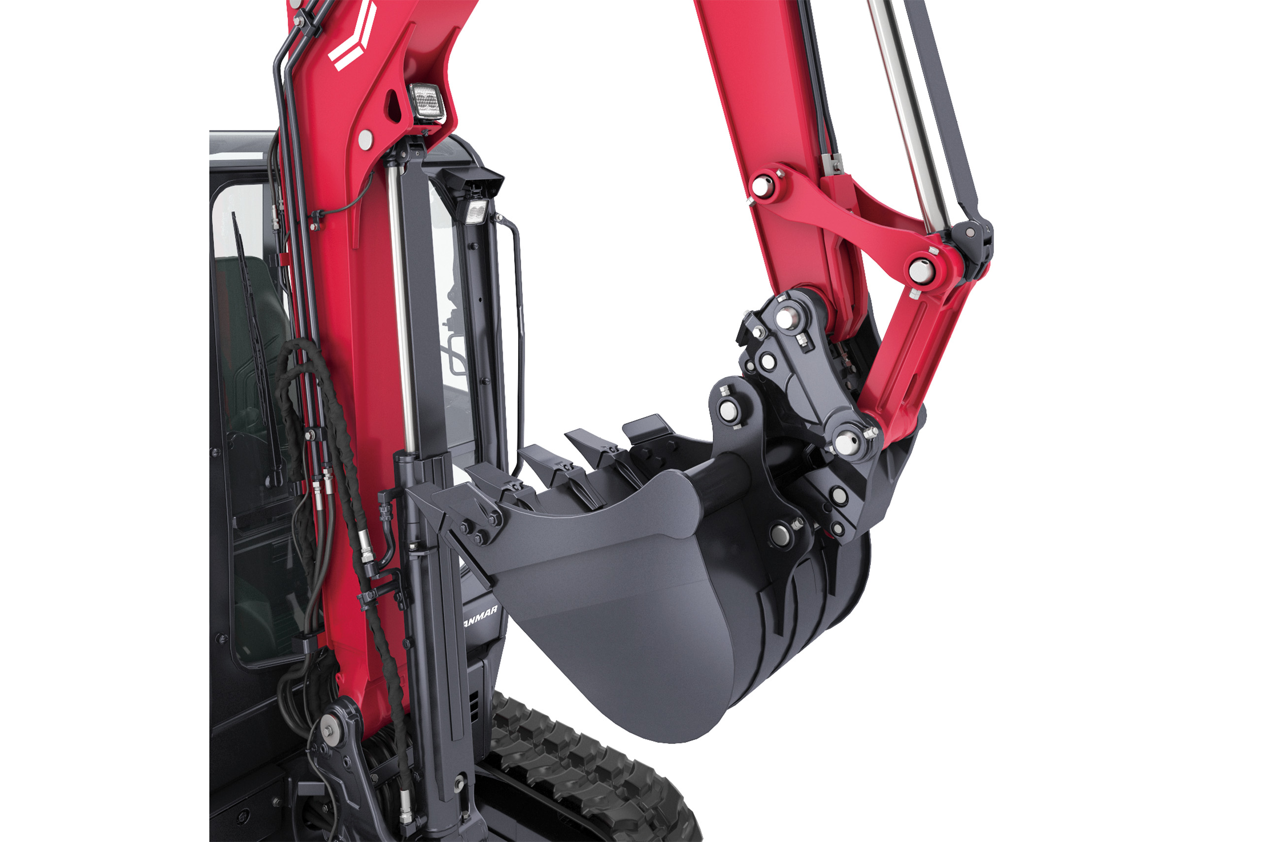 Close-up studio shot of Yanmar ViO35-7 mini excavator bucket highlighting durable construction and digging capacity